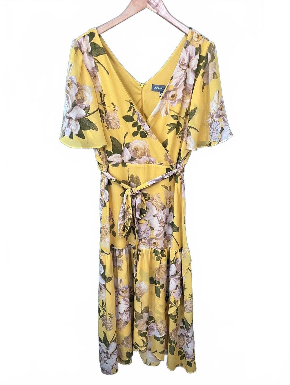 Donna Ricco Floral Faux Wrap Dress 4 Yellow Chiffon Ruffle Fluter Sleeve Midi